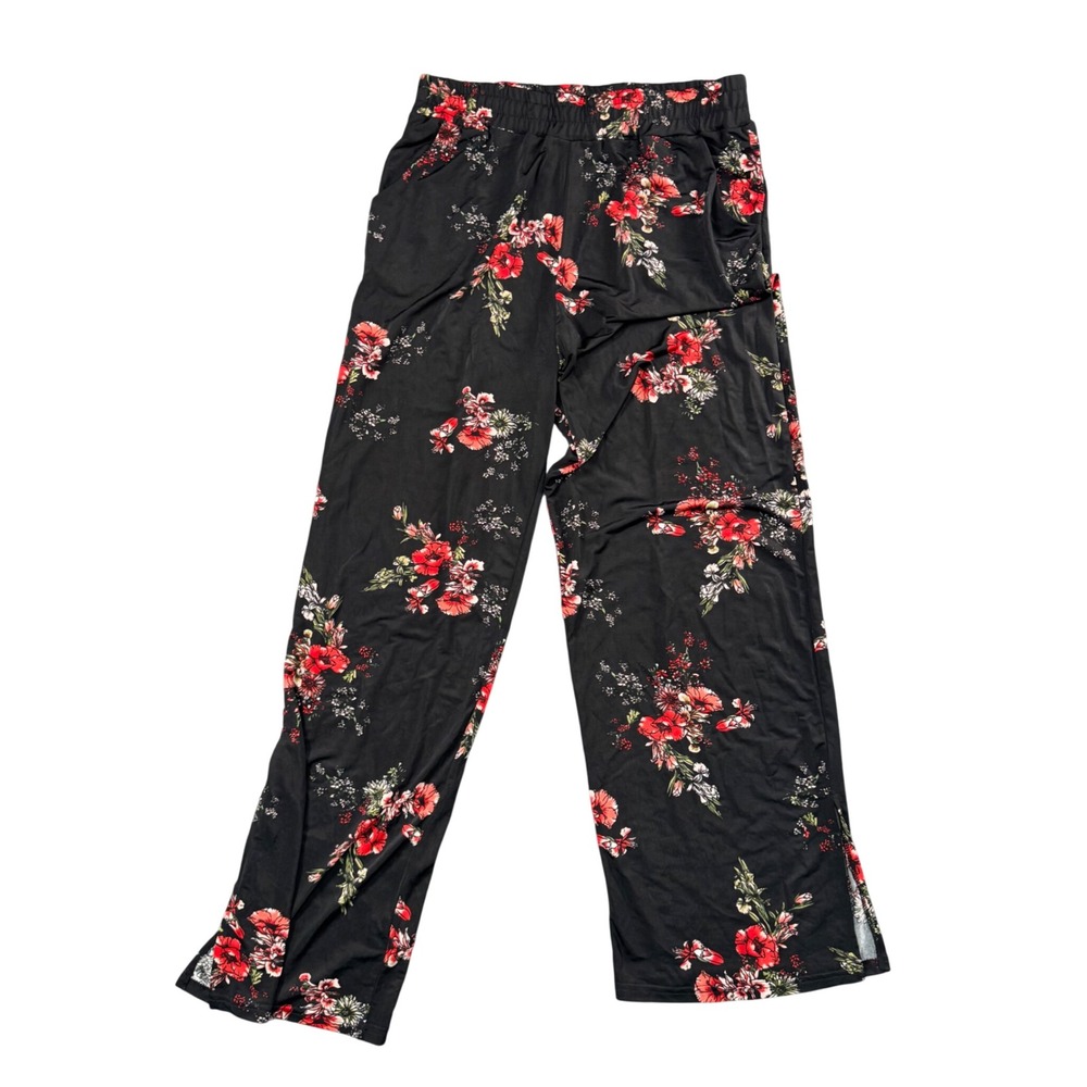 Black Floral Wide‎ Leg Lounge Pants Slit Accent Boho Cozy Relaxed Fit L XL